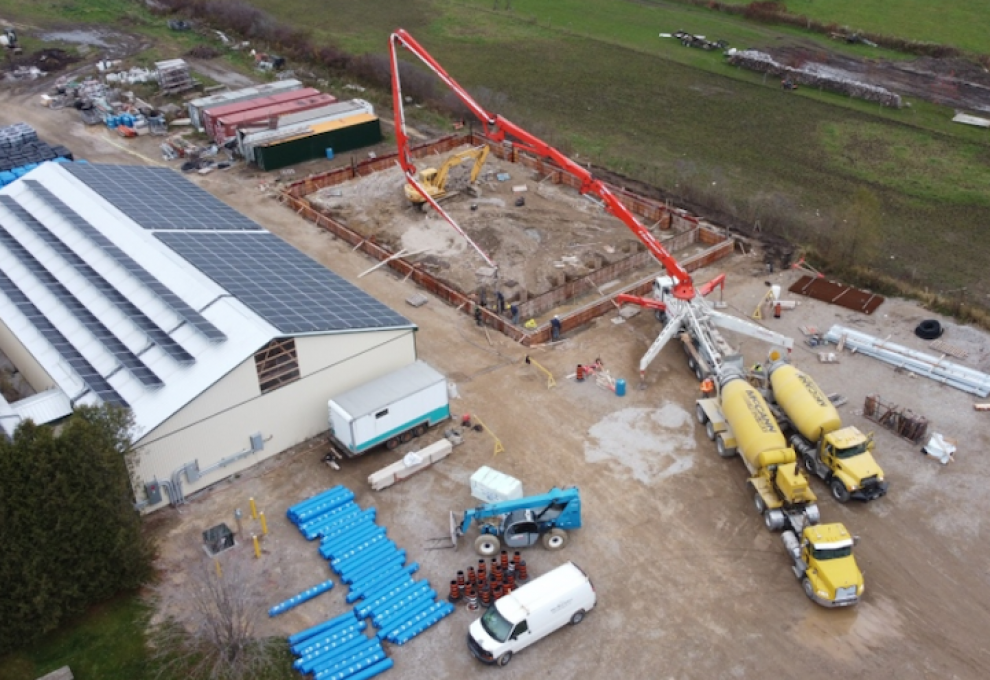 An aerial view of construction for Heeman’s new cider and mead production facility, Thorndale, Ontario.  Photo by Will Heeman. 