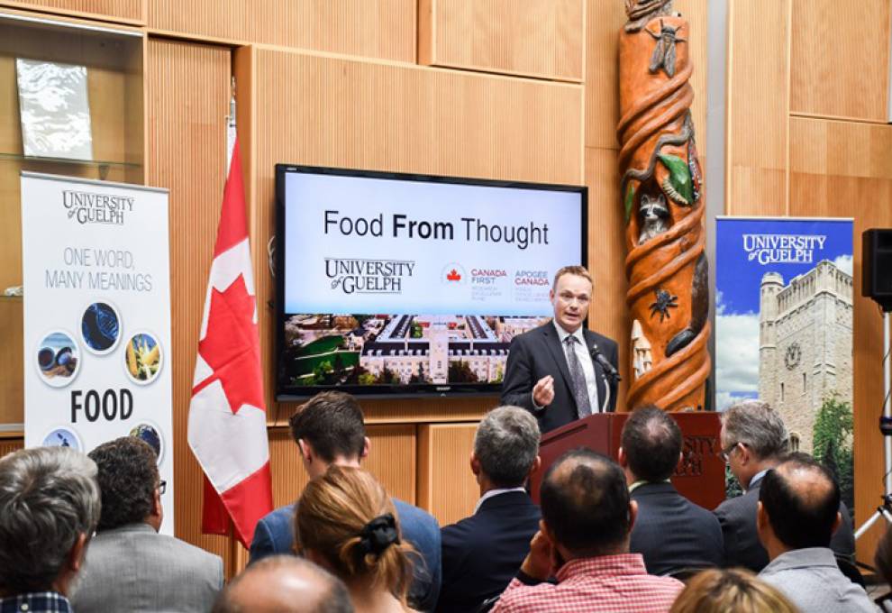 Professor Evan Fraser speaks at the Food from Thought announcement at the University of Guelph.