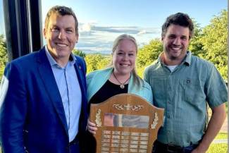 Kody Blois (L), MP Kings-Hants, congratulates Katie Campbell and William Spurr on winning Atlantic Canada’s 2025 Outstanding Young Farmers’ competition. 
