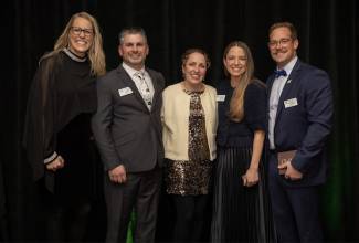 L-R:   Amy Cronin, president, COYF; Ryan and Romy Schill, Wallenstein, Ontario and Virginie Bourque and Pierre Luc Barré, La Ferme Yves Barré Inc, St. Damase, Québec.