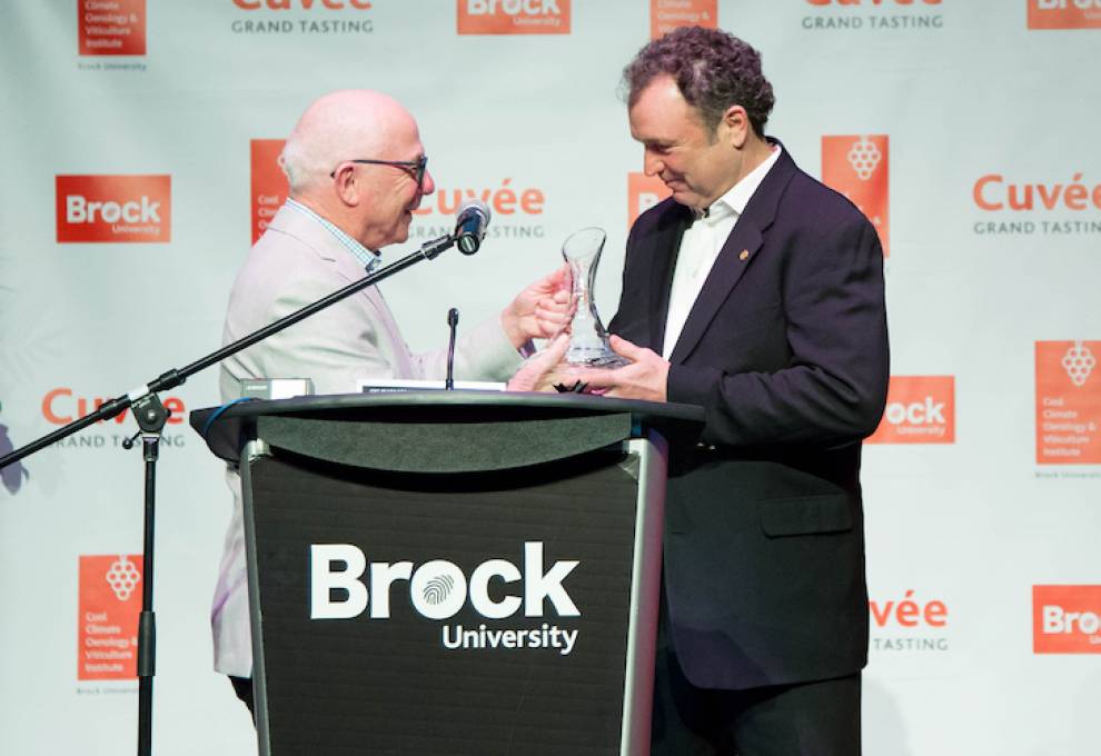 Tony Aspler presents Doug Whitty, of 13th Street Winery, the Tony Aspler Cuvée Award for Excellence Saturday, March 23 in Niagara Falls.
