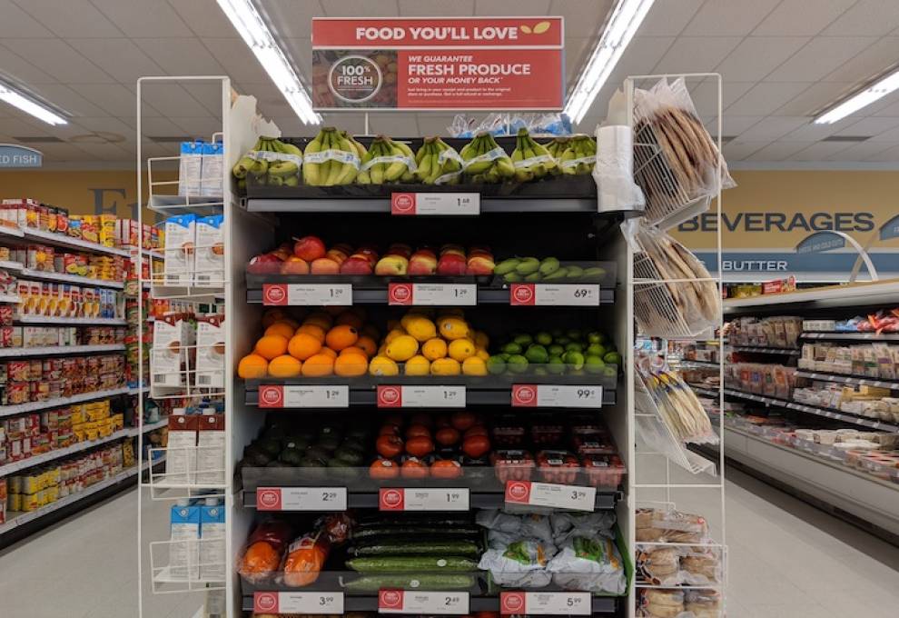 With the exception of bananas and citrus, grown-in-Ontario apples, potatoes and greenhouse vegetables are front and center in this Shoppers Drug Mart display.