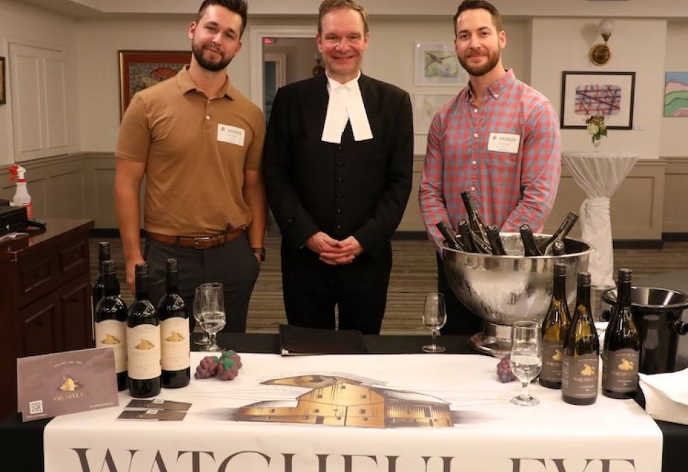 Watchful Eye Winery, Beamsville. L-R: Will George, Honourable Speaker of the Legislature and MPP for Wellington-Halton Hills, Ted Arnott, and Chris Bartlett.