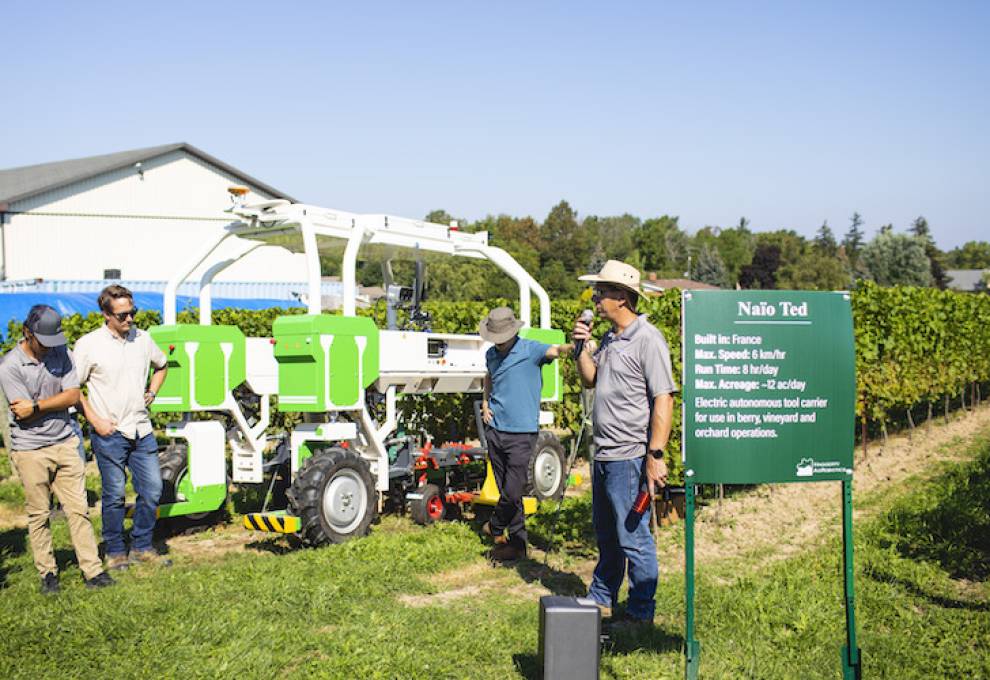 Naïo Technologies, represented by Chuck Baresich, Haggerty AgRobotics, was on display in an Ontario vineyard in September 2023. 