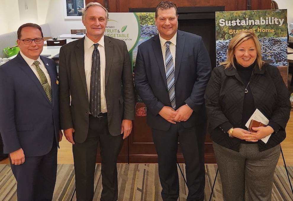 L-R:  Mike Schreiner, Green Party leader; John Vanthoff, NDP ag critic; Shawn Brenn, chair, OFVGA; Ontario Minister of Agriculture, Food & Rural Affairs Lisa Thompson. 