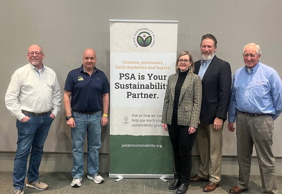 Newly-elected Potato Sustainability Alliance executive committee with CEO John Mesko during the winter board meeting at Potato Expo in Austin, Texas. L to R: Shane Sampels, Mike Wenkel, Tracy Shinners-Carnelley, John Mesko, Ritchey Toevs.