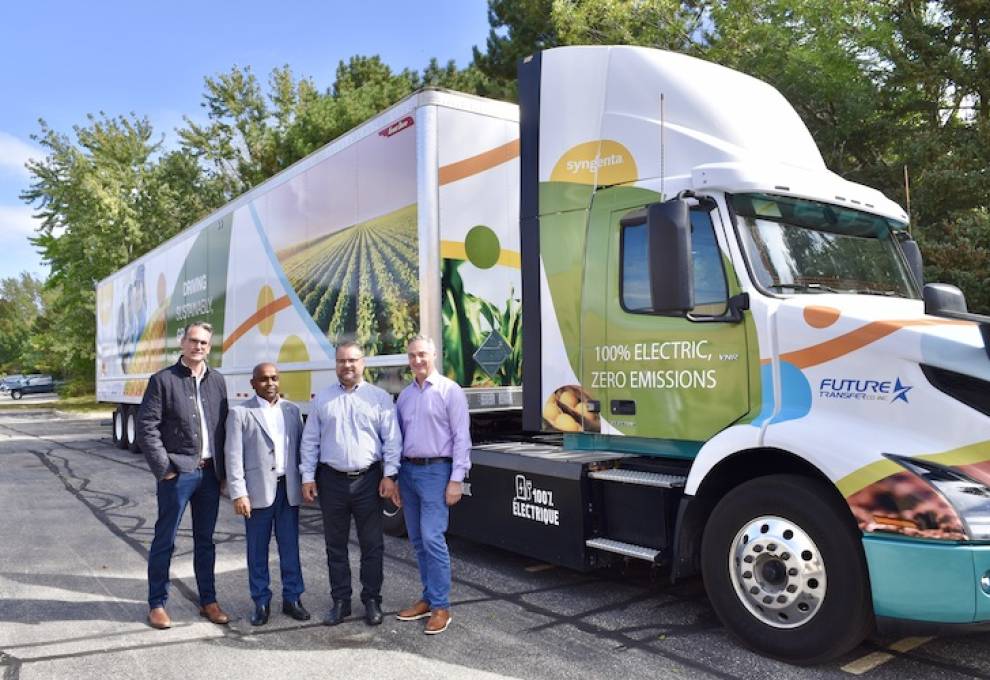 Syngenta Canada collaborated with Future Transfer to add electric trucks to its logistics transportation fleet. L to R: John Lansink, managing director, Future Transfer; Chan Perera, president, Future Transfer; Jose Nucci, head, production and supply, Syngenta Canada; and Trevor Heck, president, Syngenta Canada.